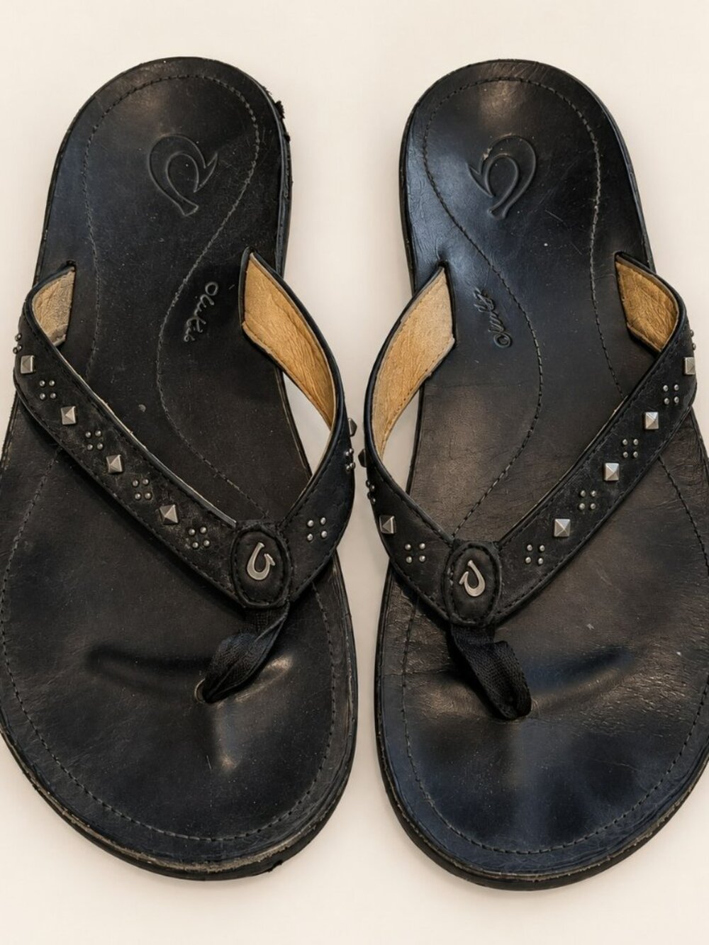 OluKai Black Leather Studded Thong Sandals